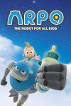 Arpo: A blue and gray robot flies in the sky with a white baby on his back.