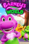 Barney's World TV Show Poster: Barney, a purple dinosaur, holds a glowing heart with Baby Bop and Billy dinosaurs in the background