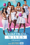 Basketball Wives Orlando poster: The cast stands in white against pink and blue background. 
