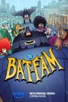 Bat-Fam TV Show Poster Image: Batman drives the batmobile with a motley crew of characters on board