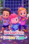 Bebefinn Dance Time TV: Bebefinn stands in the center blinking at camera. Bora and Brody on each side, waving 'hi'. Name of the show lower center.