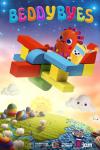 BeddyByes TV show poster: MeMo and BaBa fly a colorful wood airplane over a beautiful sunset, with Lullaby river beneath them.