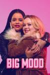 Big Mood TV show poster: Eddie and Maggie hugging each other on a pink backdrop, Maggie has a mascara-streaked tear trickling down from one eye