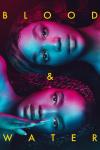 Blood & Water poster: Two female students in horizontal orientation with split blue and pink light on each of their faces.
