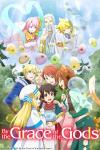By the Grace of the Gods TV show poster:  Ryoma, the Jamil family, and friends stand surrounded by friendly slime creatures in a forest. A group of three gods looks down on them happily.
