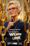 Celebrity Weakest Link TV show poster: Jane Lynch stands amid chains, her fist clenched