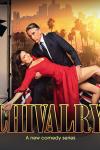 Chivalry TV show poster: Steve Coogan and Sarah Solemani in front of a pic downtown L.A. at Sunset. Coogan dips Solemani back while she grimaces