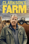 Clarkson's Farm in bold yellow, blocky font above an aging white male who stands in front of a cloudy, cold looking farm