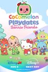 CoComelon Playdates with Sanrio Friends TV: Boba Bear, JJ, Hello Kitty, Pita and Eddy stand together in front of the CoComelon house.