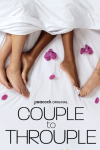Couple to Throuple TV show poster: Three sets of feet stick out of white sheets. 