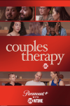 Couples Therapy poster: Snapshots of different couples in sessions between red stripes.