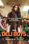 Deli Boys TV show poster: Saagar Shaikh and Asif Ali are cowering behind Poorna Jagannathan, who is dragging a dead body. 