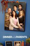 Dinner with the Parents TV show poster: A crooked framed photo of a family of 5, including two grown sons and a grandma, is mounted on the wall