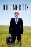 Doc Martin TV show poster: A man wearing a suit and a sour expression stands in the middle of a field holding a briefcase