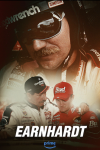 Earnhardt TV show poster: Dale Earnhardt Sr. in helmet looks over himself and Dale Earnhardt Jr. 