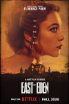 East of Eden TV show poster: Florence Pugh's face looms over a burning farmhouse