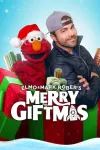 Elmo & Mark Rober's Merry Giftmas TV: Elmo wears a Santa hat, standing shoulder-to-shoulder with Mark Rober on top of red and green gift boxes.