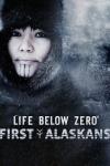 First Alaskans TV show poster: Jody Potts-Joseph looks at camera wearing winter clothes and vertical line tattoos on her chin. 