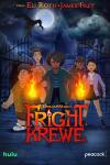 Fright Krewe TV show poster: Five kids stand in front of semi-opened cemetery gates on a spooky night. The girl in the center has fire coming out of her hands and a serious expression on her face.