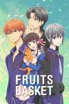 Fruits Basket TV poster: Tohru (center) holds an orange cat and sits near a black dog and gray rat; Kyo, Shigure, and Yuki are behind her