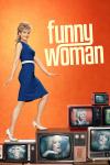 Poster image for Funny Woman, featuring Gemma Arterton in a blue dress, walking up steps made of TVs. The backdrop is orang