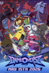 Gameoverse: Girl with a cat tail holding a robot under a starry sky, moon in the background.