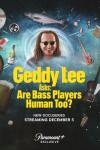 Geddy Lee Asks TV show poster: Lee's head floats in the cosmos alongside objects like a bass guitar, wine bottle, and watch