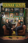 German Genius TV show poster: Ricky Gervais and Kida Khodr Ramadan sit on brown sofa with series characters on wall behind them.  