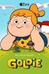 Goldie TV show poster: Goldie, a giant girl, poses with her friends Teeny and Petey (average-sized kids)