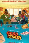 Good Times TV show poster: A Black animated family of five sits on a couch as water rises around them