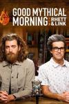 Good Mythical Morning TV show poster: Two men sit at a desk with microphones in front, set against a cozy background.