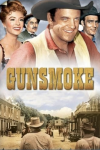 Gunsmoke poster: Color composite of Amanda Blake, Milton Stone, James Arness, and Dennis Weaver in Western clothes.