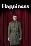 Happiness TV show poster: Harry McNaughton stands in front of a red curtain. He wears a dark coat, red turtleneck, and blue pants.