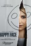 Happy Face TV show poster: Melissa looks through a tear in a piece of paper with a happy face drawn on it