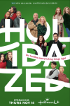 Five couples and a trio of adults varying in age and race stand amongst the words HOLIDAZED in white script on a green background. Halmark plus
