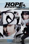 Hope on the Street TV show poster: J-Hope in hip hop style clothing with light blue painted urban background