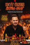 Hot Ones: Extra Heat TV show poster: CGI flames and a red glow emanate from man, who holds a chicken wing with a pained face