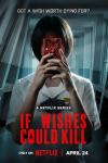If Wishes Could Kill TV show poster: a girl with a black bob haircut and white schoolgirl blouse with a cracked, blood-red phone in front of her face