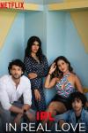 IRL: In Real Love TV poster: Four South Asian men and women pose against a light blue and green background.