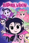 Isadora Moon TV show poster: Isadora has open arms and pink, bat-like wings. She has elfish ears, fangs. Mom and Dad in the background.