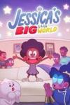 Jessica's Big Little World TV show poster: an animated Black family looks at young Jessica who's standing on sofa with arms outstretched