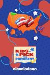 Kids Pick The President TV show poster: Orange map of the U.S. with a floating American flag in the center. Background is dark blue.