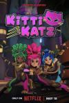 Kitti Katz TV show poster: Emerald Kitti, Ruby Kitti, and Sapphire Kitti crouch down to strike a pose in their bright superhero costumes in front of a