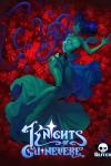 Knights of Guinevere TV show poster: A broken android, Guinevere, lies on top of a pile of mascot toys in red light.