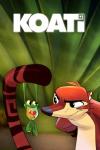 Koati TV show poster: an illustrated coati glaring at a smiling frog clinging to his tail 