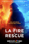 LA Fire & Rescue TV show poster: Sillouette of fire fighter against fiery red and smokey blue backdrop. 