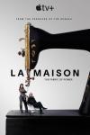 La Maison TV show poster: Zita Hanrot and Lambert Wilson are underneath the needle of a giant black and gold sewing machine.