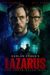 Poster art for Lazarus features a moody portrait of stars Sam Clafin and Bill Nighy, with a smaller inset photo of Clafin sitting in a leather chair