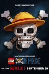 Lego One Piece TV Show Poster Image: a skull and crossbones wearing a straw hat, made out of lego bricks