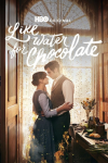 Like Water for Chocolate TV show poster: Azul Guaita and Andres Banda as Tita and Pedro embracing in front of window.
